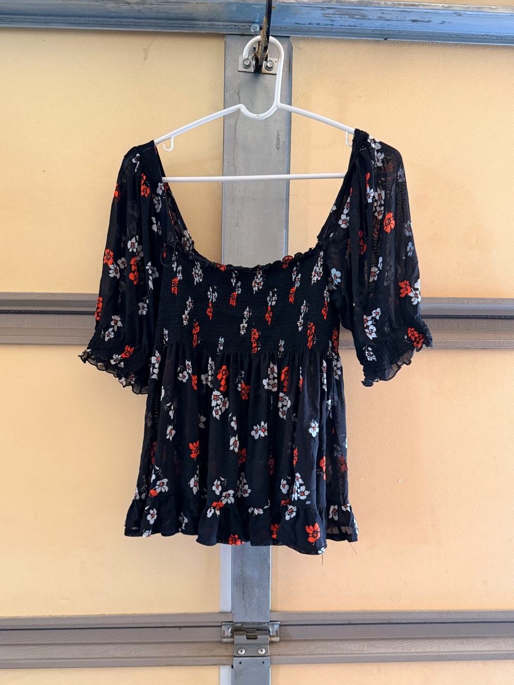 Free People Black Floral Smocked Square-Neck Top with Red and White Blossoms